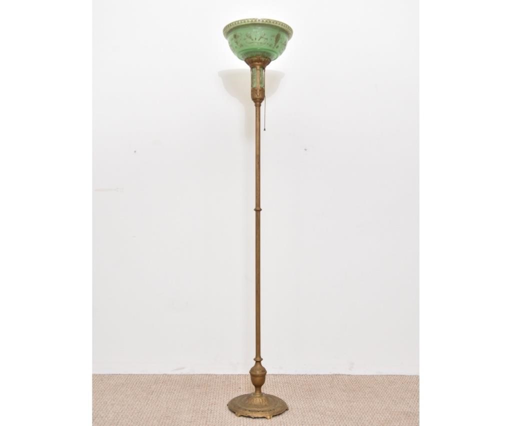 Appraisal: Gilt painted metal floor lamp with green glass shade circa