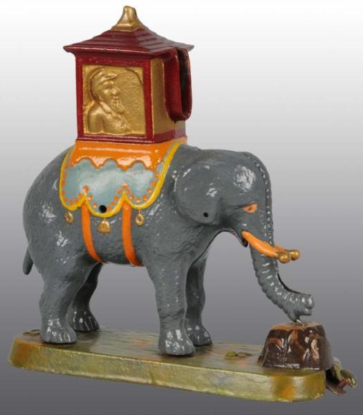 Appraisal: Cast Iron Elephant Howdah Mechanical Bank Description Single stump variation