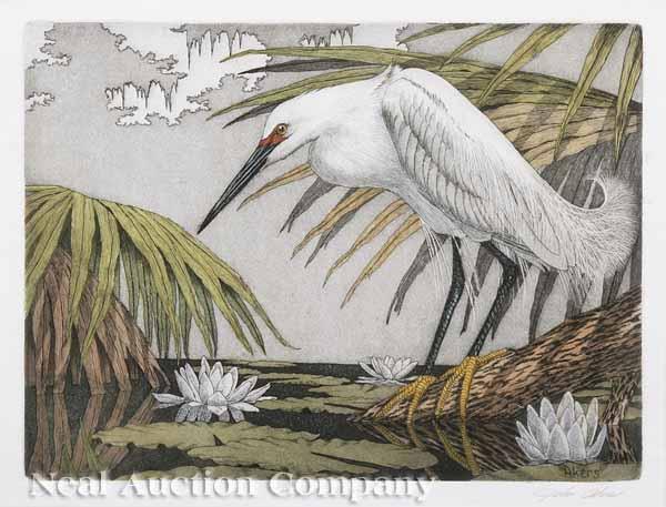 Appraisal: A Pair of Color Lithographs of Egrets by John Akers