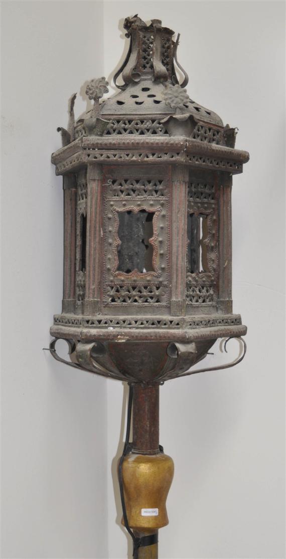 Appraisal: PAIR OF PROCESSIONAL LANTERNS Switzerland late Baroque Pierced sheet iron