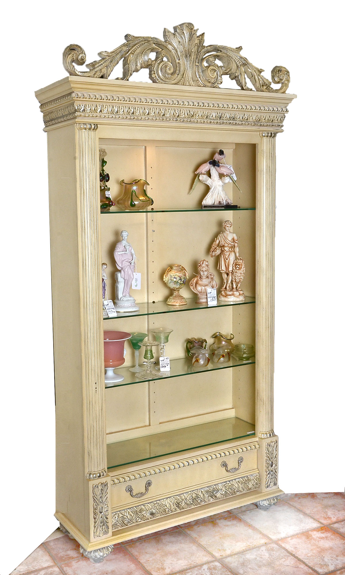 Appraisal: PULASKI DISPLAY CABINET Scrolling foliate crest rail with glass shelves