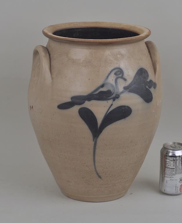 Appraisal: Large Cobalt Decorated Stoneware Crock with bird and heart decoration