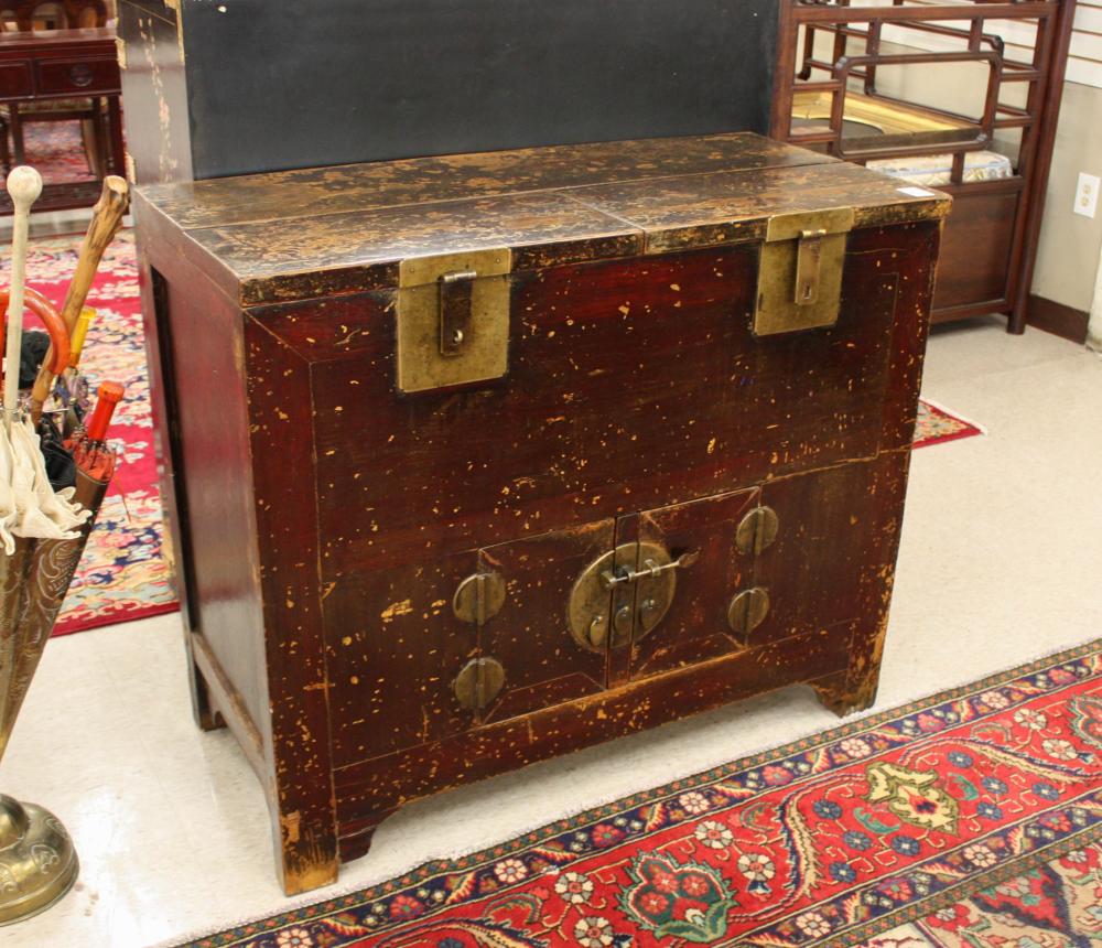 Appraisal: CHINESE DOUBLE LIFT TOP STORAGE CHEST distressed finish H x