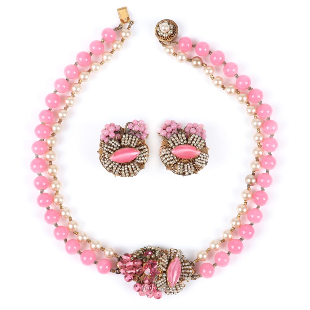 Appraisal: MIRIAM HASKELL PC SET CHOKER NECKLACE WITH DOUBLE STRANDS PINK