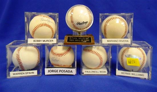 Appraisal: BASEBALL MEMORABILIA seven autographed baseballs six in labeled clear plastic