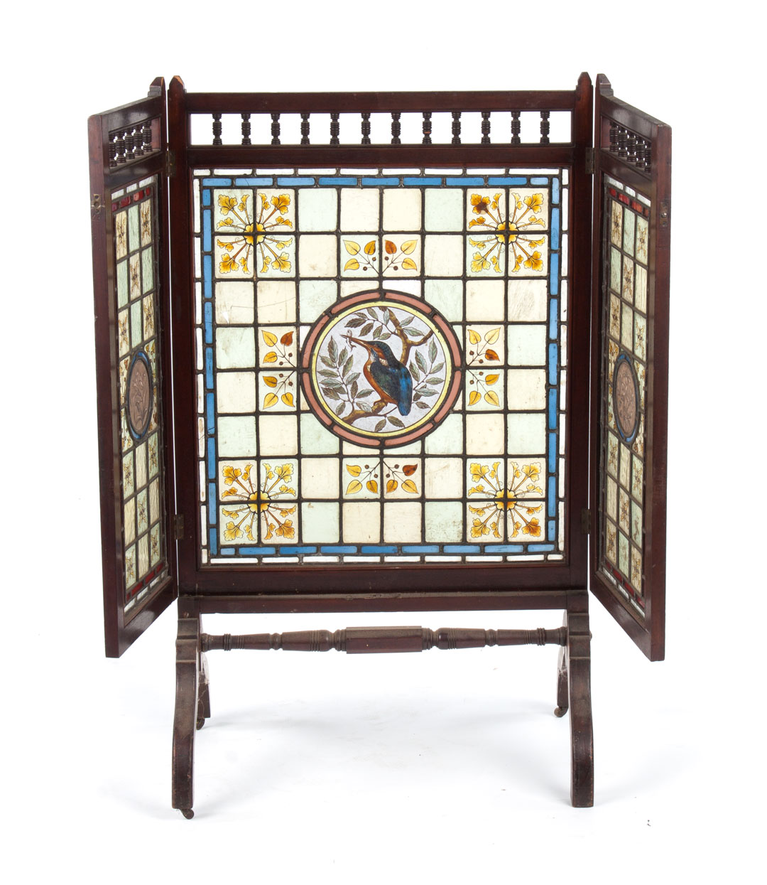 Appraisal: Victorian walnut glass panel fire screen circa Eastlake style spindled