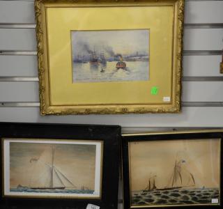 Appraisal: Four small ship paintings to include two primitive watercolors of