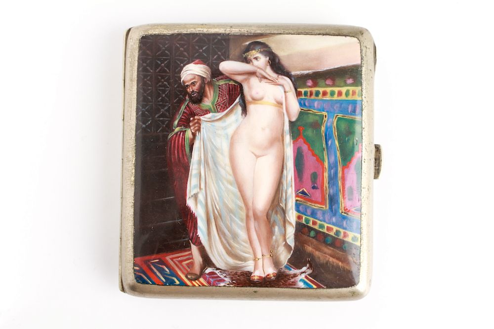 Appraisal: Silver Enamel Erotic Orientalist Nude Cig Case Silver and enamel