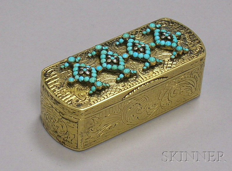 Appraisal: Russian Engraved Gilt-metal Box Ornamented with Turquoise Beads and Seed