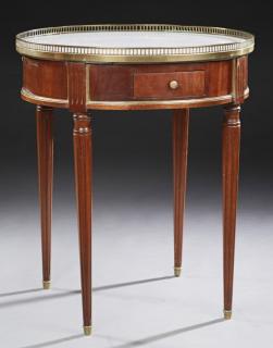 Appraisal: French Carved Mahogany Louis XVI Style Marble Top Bouillotte Table