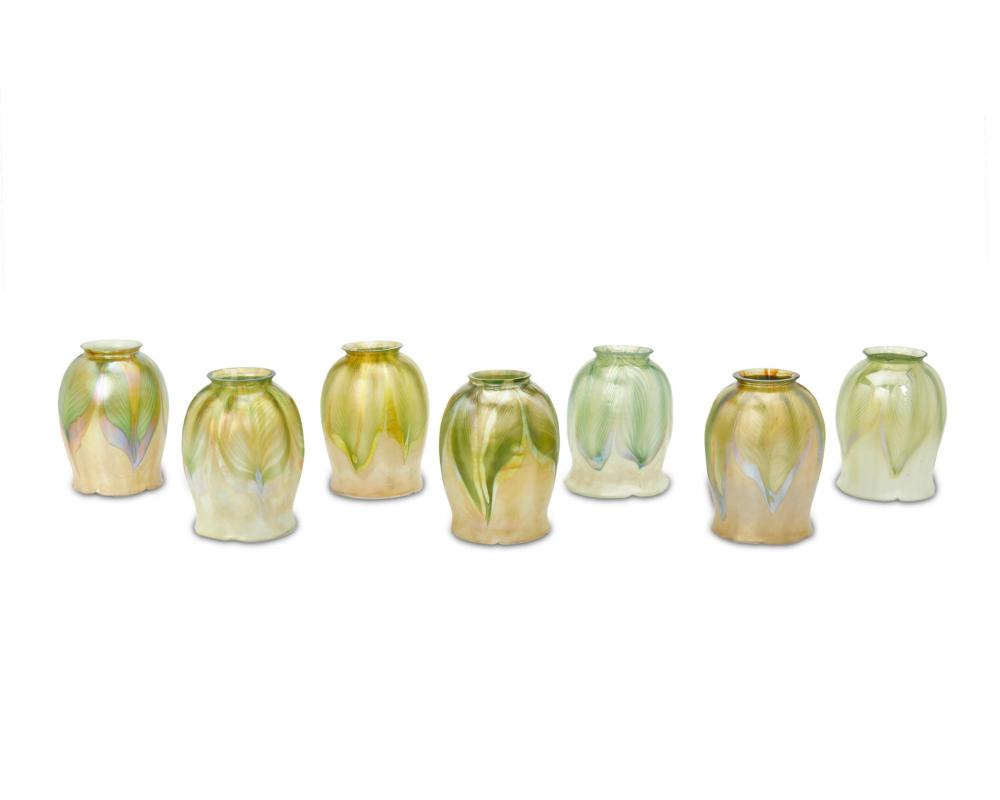 Appraisal: Seven Tiffany-style pulled feather art glass shades th Century Each