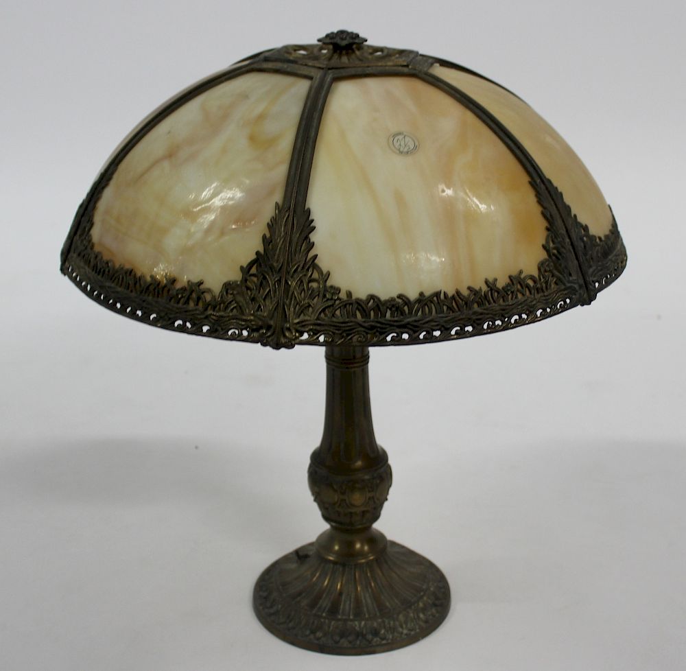 Appraisal: Arts and Crafts Slag Glass Table Lamp Nice gilt metal