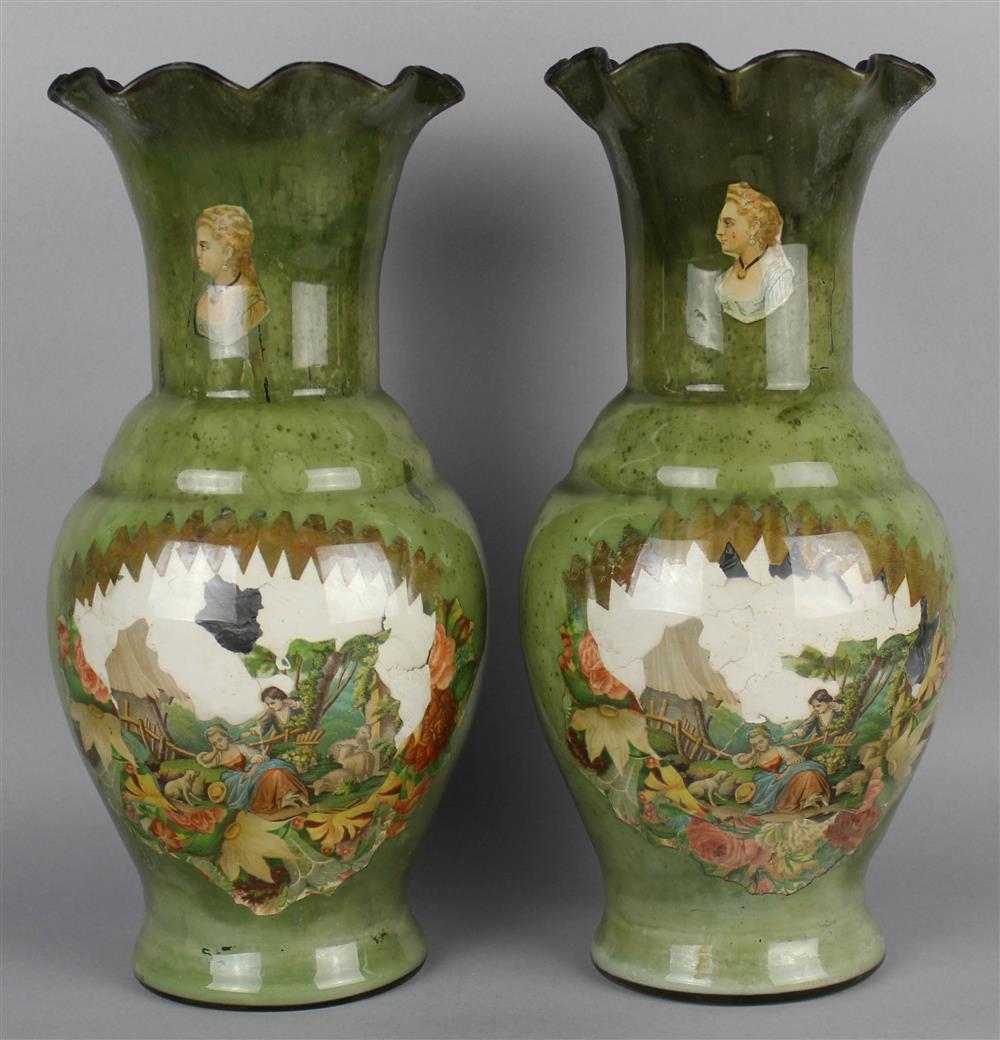 Appraisal: PAIR OF VICTORIAN DECALCOMANIA VASES the blown baluster forms decorated