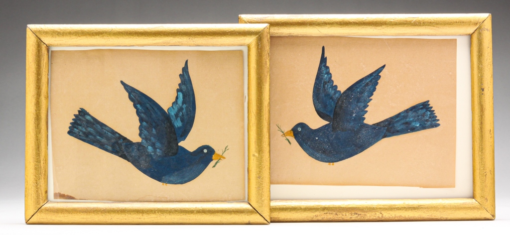 Appraisal: TWO FOLK ART PAINTINGS OF BLUEBIRDS American nd half th