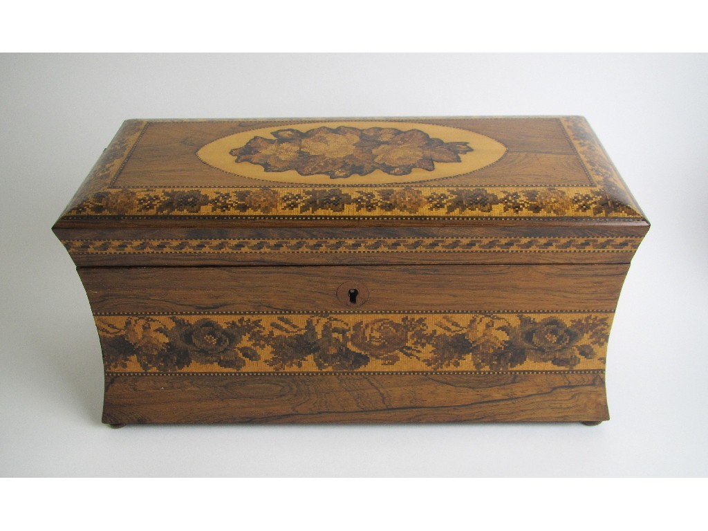 Appraisal: A Tunbridge Ware tea caddy the rosewood veneered case with