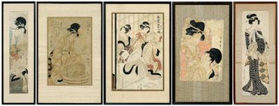 Appraisal: Five Japanese woodblock prints three by Utamaro Kitagawa - couple