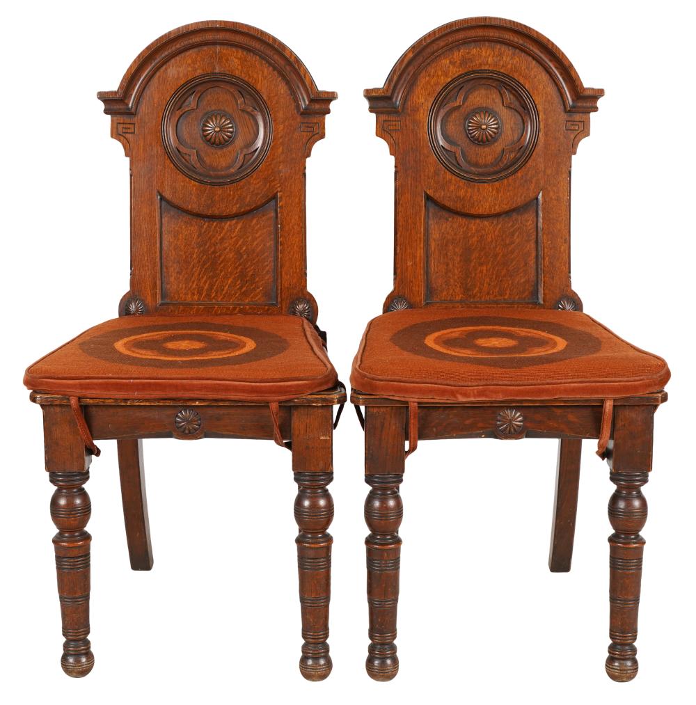 Appraisal: PAIR OF CARVED OAK SIDE CHAIRS th century each with