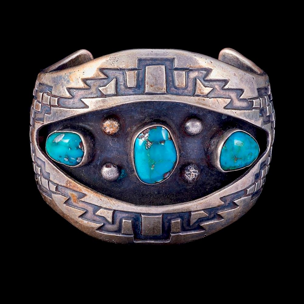 Appraisal: NAVAJO CUFF BRACELET An old pawn turquoise and silver cuff