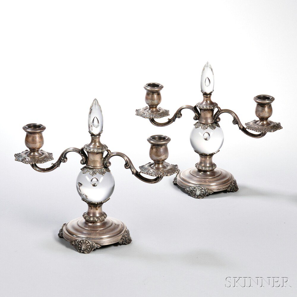 Appraisal: Pair of Quaker Silver Co Sterling Silver and Glass Two-light