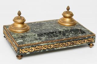 Appraisal: Antique Double Inkwell Gilt Bronze Marble Green marble and ormolu