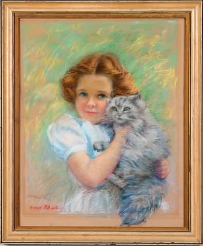 Appraisal: Young girl holding a grey cat pastel x SLL Marion