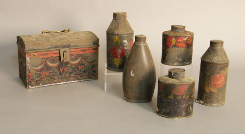 Appraisal: Tole document box th c together with four tole tea