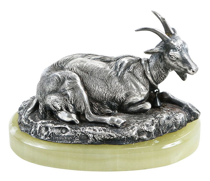 Appraisal: Russian or Russian Style Silver Reclining Goat Russian style marks