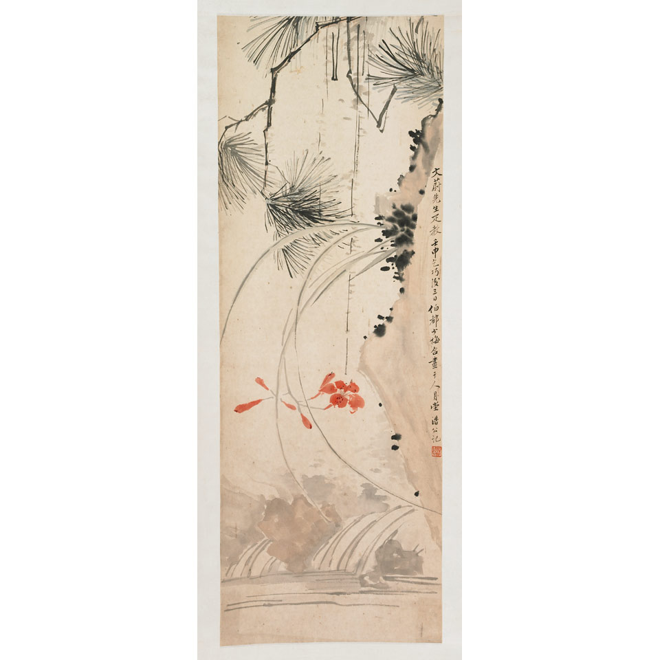 Appraisal: Chinese School TWO FLORAL SCROLL PAINTINGS Ink and colour on