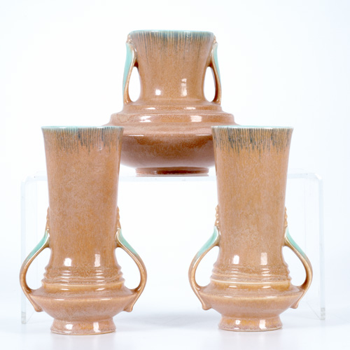 Appraisal: ROSEVILLE Three Orian vases in mottled brown and turquoise Unmarked