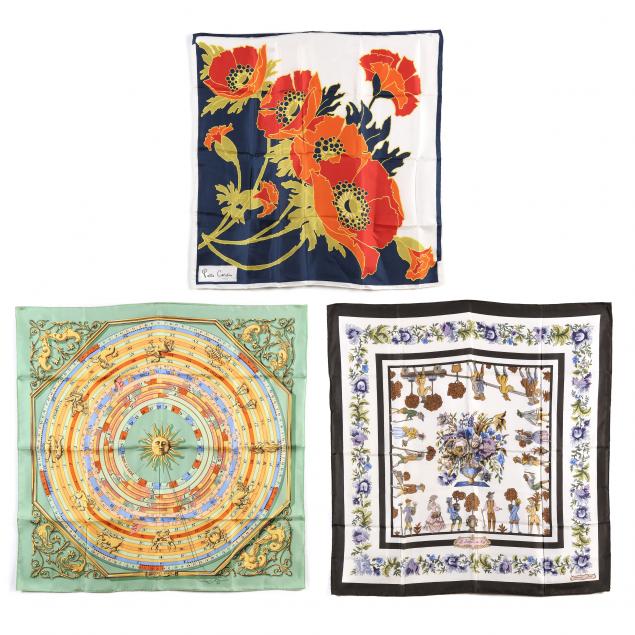 Appraisal: Three Designer Silk Scarves Made in France to include Hermes