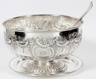 Appraisal: ASSEMBLED SILVERPLATE PUNCH BOWL UNDERPLATE LADLE ASSEMBLED SILVERPLATE PUNCH BOWL