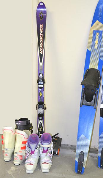 Appraisal: PAIR OF SNOW SKIS AND THREE PAIRS OF SKI BOOTS