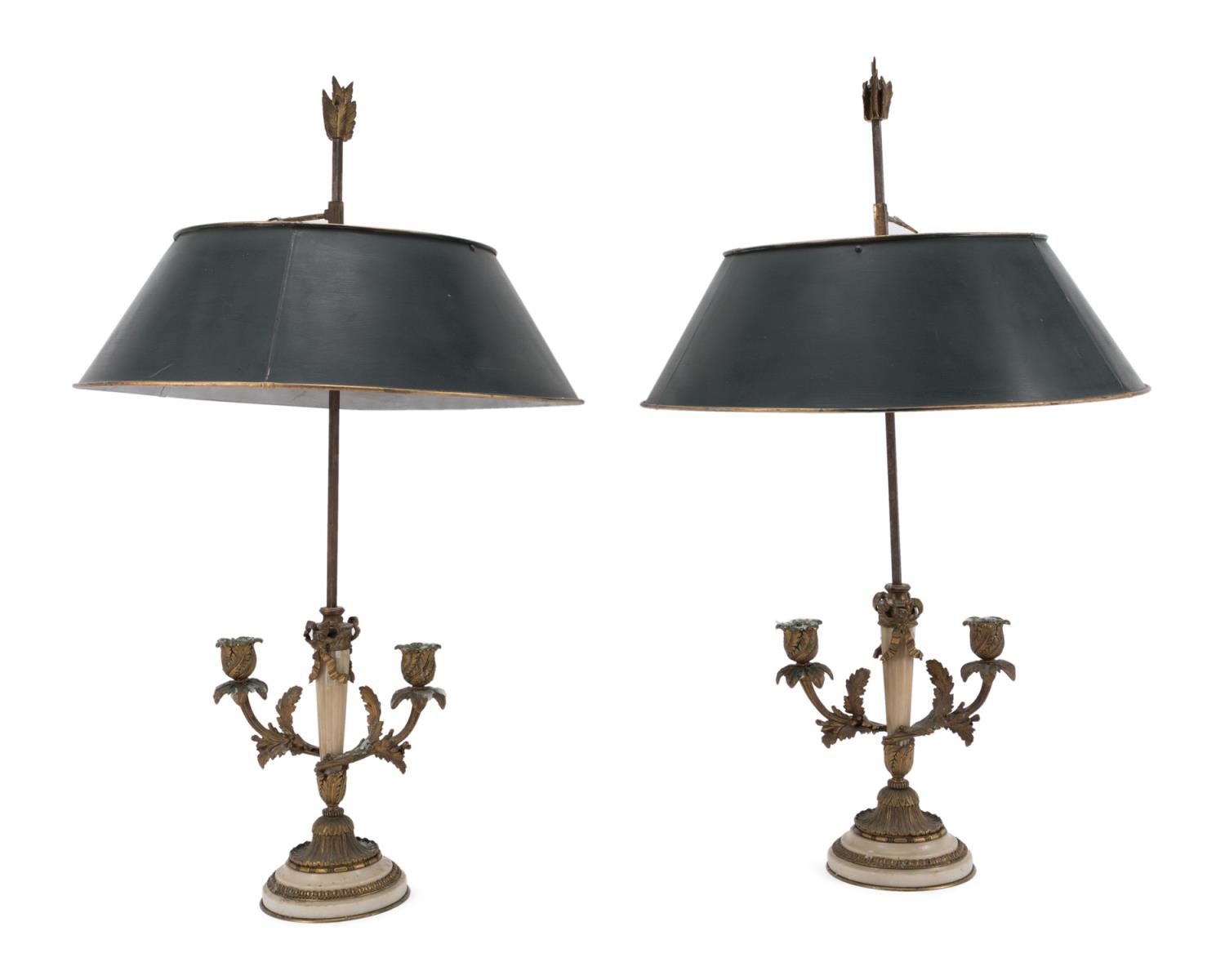 Appraisal: PR FRENCH BRONZE MARBLE BOUILLOTTE CANDLE LAMPS Pair of French