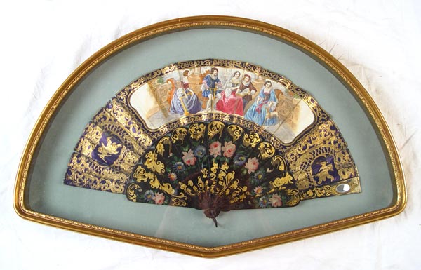 Appraisal: ANTIQUE HAND PAINTED FAN IN FRAME Wood and paper in