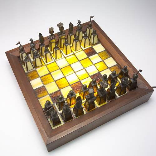 Appraisal: Artisanal stained glass chess set of chocolate and amber glass