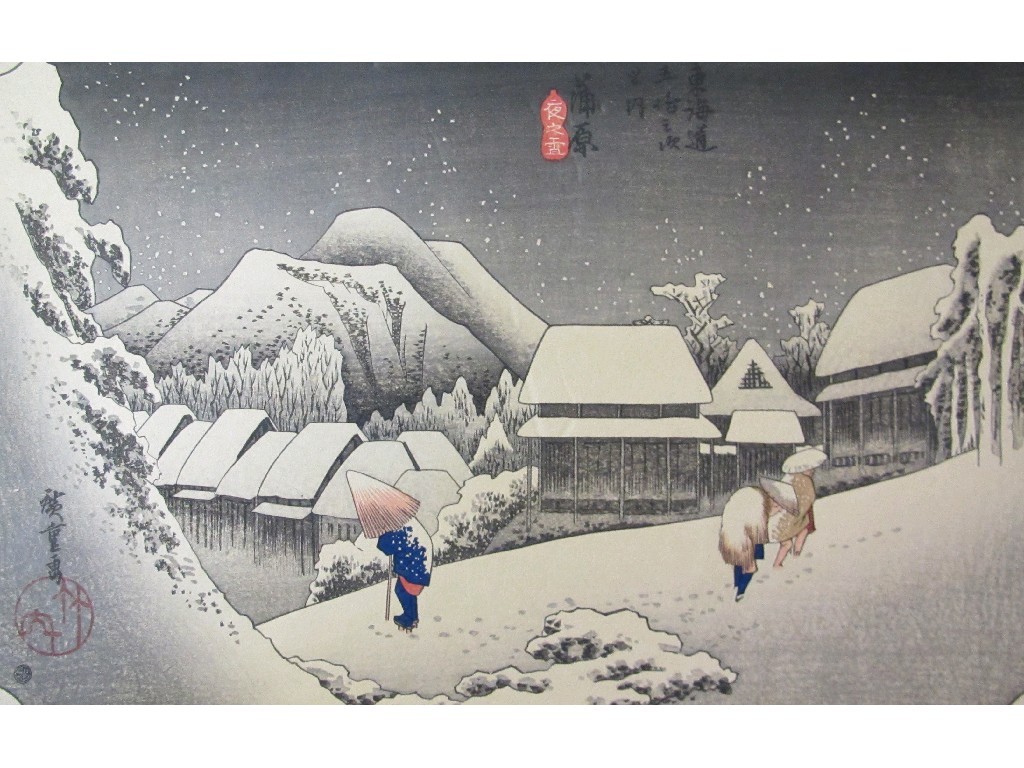 Appraisal: Three early th century Watanabe woodblock restrikes after Hiroshige and