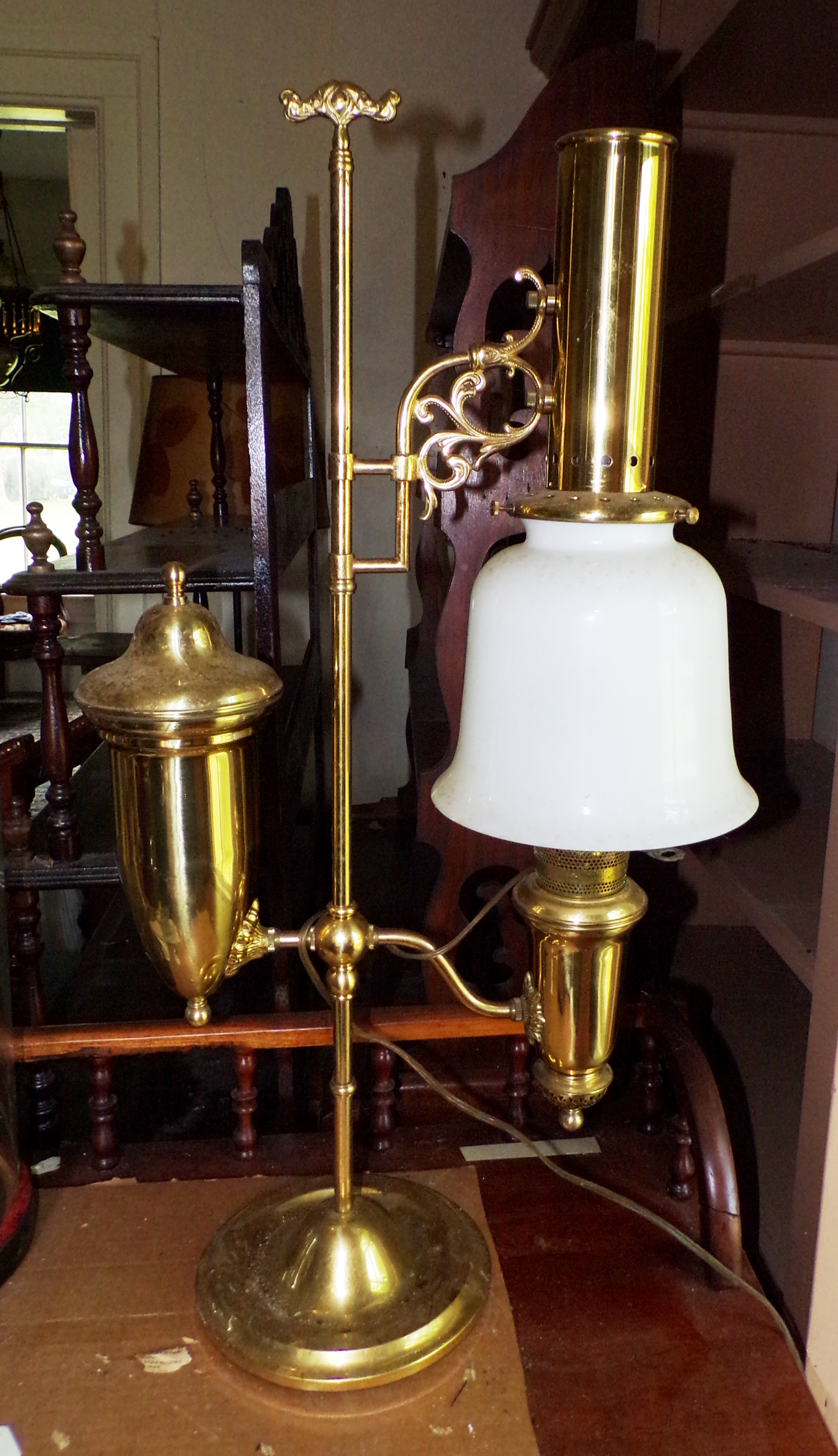 Appraisal: Brass single arm student lamp with white bell form shade