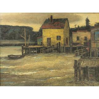 Appraisal: Framed oil on canvasboard dock scene by John Britton Matthew