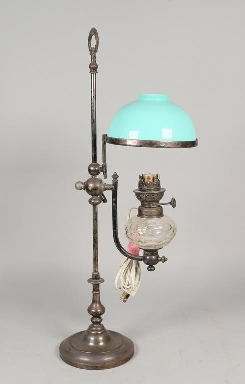 Appraisal: Nickel plate and metal kerosene student electrified lamp with shade