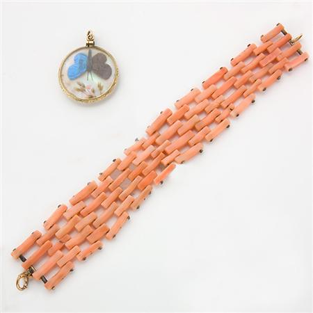 Appraisal: Antique Coral Bracelet and Butterfly Wing and Mother-of-Pearl Butterfly Pendant