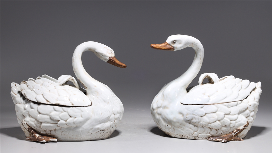 Appraisal: Two Chinese porcelain covered swan shaped vessels some soiling throughout