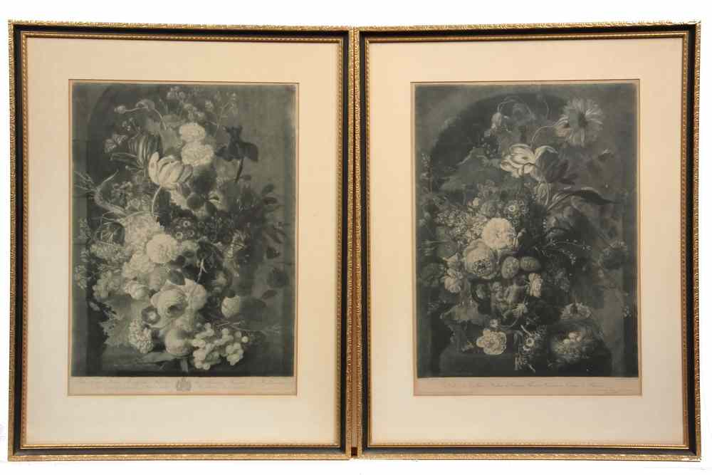 Appraisal: PAIR OF EARLY MEZZOTINTS-by Jan van Huysum floral arrangements framed