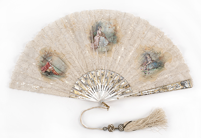 Appraisal: CHIFFON LACE AND MOTHER-OF-PEARL FOLDING FAN French th CenturyThree hand-painted