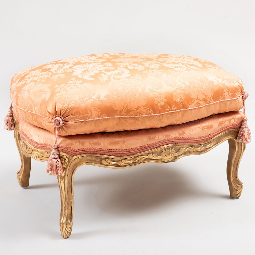 Appraisal: Large Louis XV Style Giltwood Tabouret Upholstered in peach damask