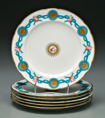 Appraisal: Six Mintons plates turquoise ribbon banding with gilt medallions impressed