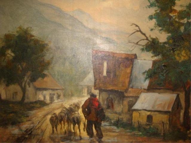 Appraisal: PURENAT A Oil on Canvas Village scene with shepherd sheep