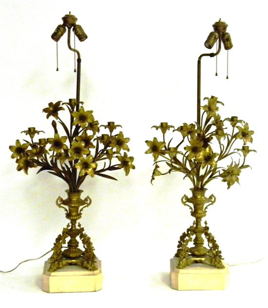 Appraisal: Pair metal candelabra mounted as lamps multiple sculpted flowers seven