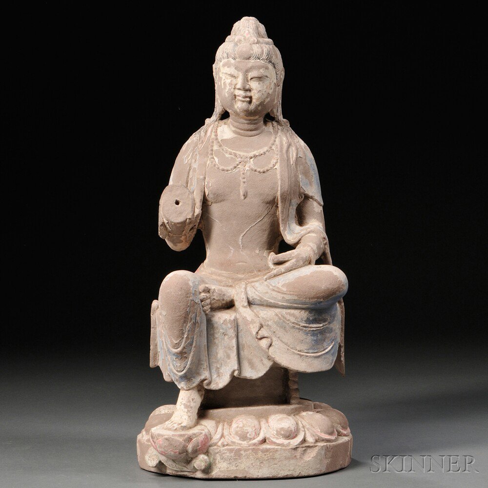 Appraisal: Stone Guanyin China depicting Guanyin seated on a tall lotus