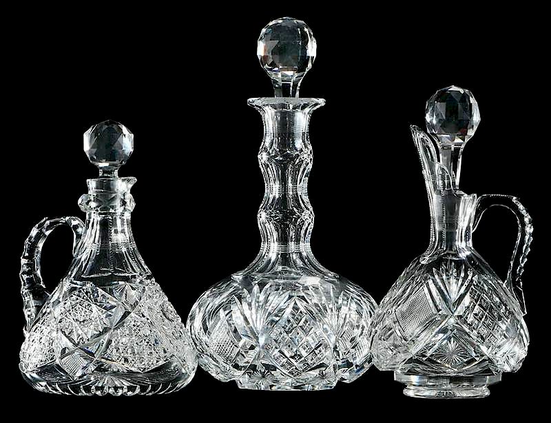 Appraisal: Two Cut Glass Decanters and a Whiskey Jug Harvard pattern