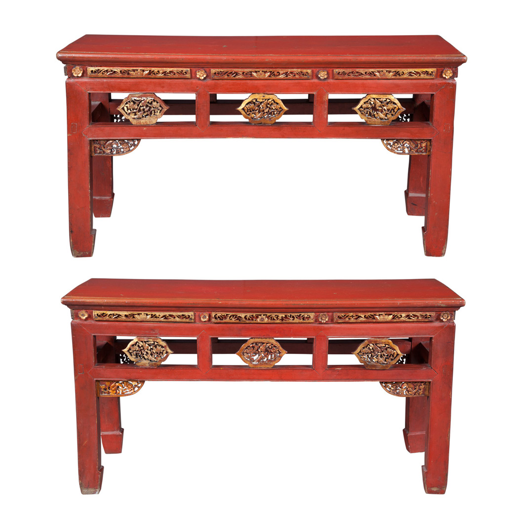 Appraisal: Pair of Chinese Red Lacquer and Parcel Gilt Benches Each